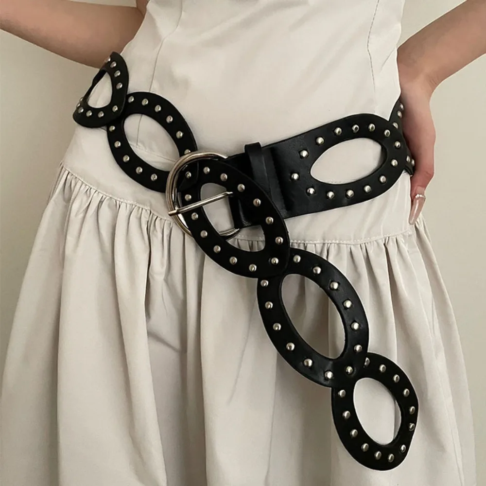 เข็มขัดคาวเกิร์ลปรับได้ รูปทรงวงรีแบบโปร่ง ทำจากหนัง PU หัวเข็มขัดโลหะ สไตล์ Y2k ประดับหมุด สำหรับผู้หญิง/เด็กผู้หญิง