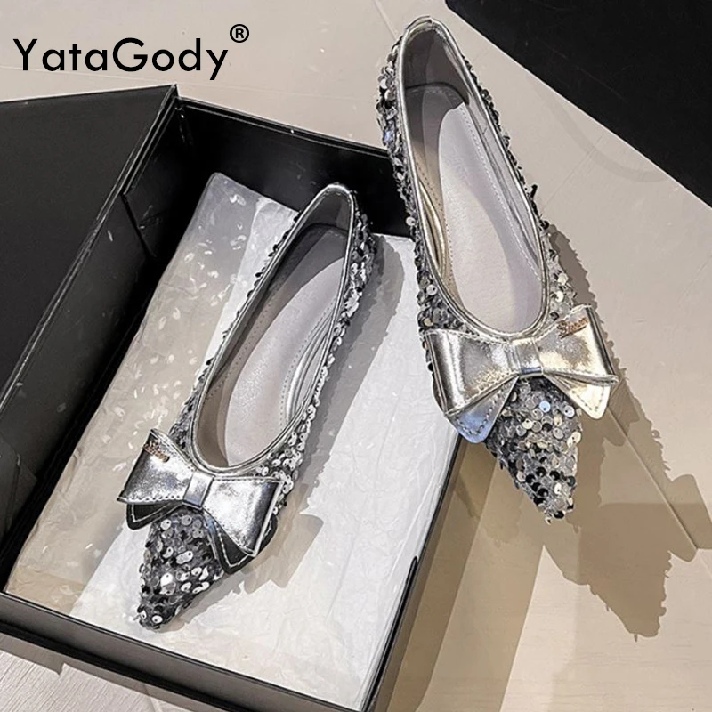 

YATAGODY Size 34-43 Glitter Ballet Flats Shoes For Women Soft Low Heels Casual Loafers Cute Bow Ins 2024 Party Wedding Dress