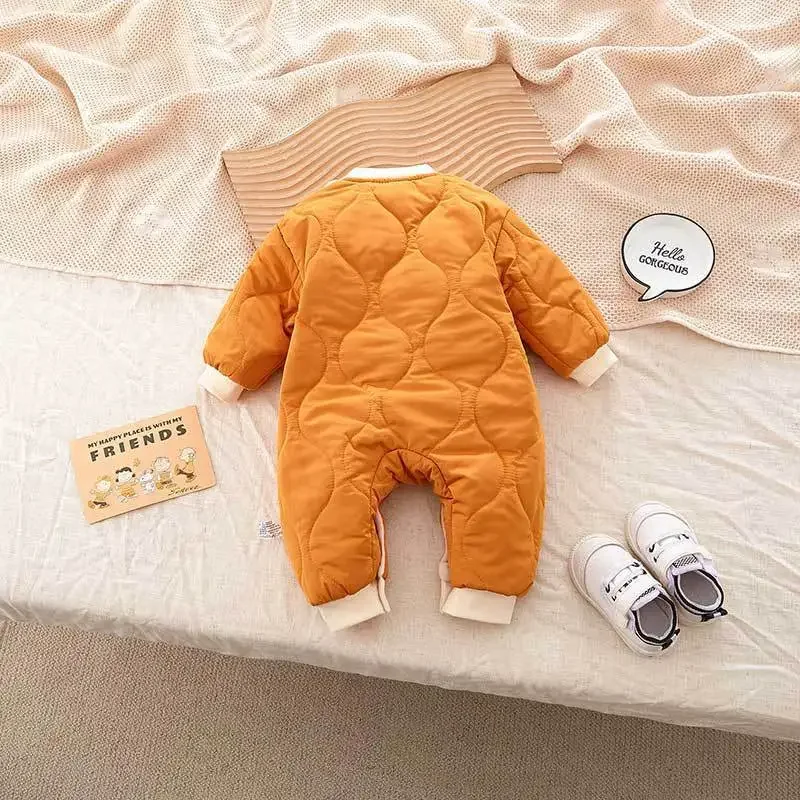 2024 Winter Baby Clothing 0-2Y Newborn Thicken Jumpsuit Infant Fur Lining Warm Rompers Toddler Cartoon Bear Outwear