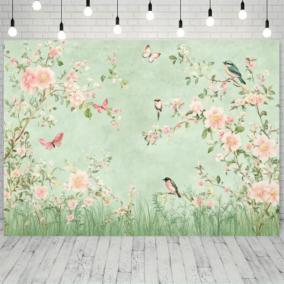 Floral Tapestry Polyester Vintage Pink Blossoms Butterflies Birds Wall Hanging Soft Green Background Decor Living Room Bedroom