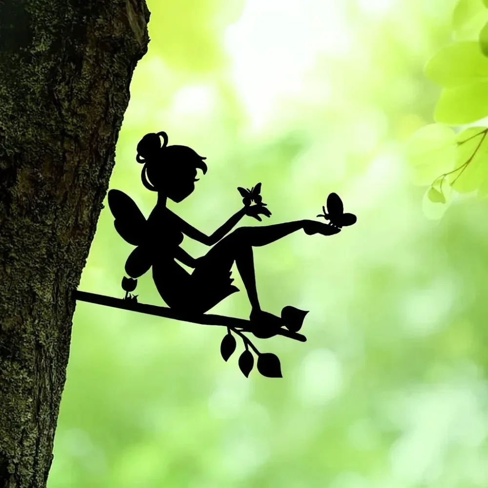 1pc Butterfly Fairy On Branch Steel Silhouette Metal Wall Art 2024 - Perfect for outdoor decor