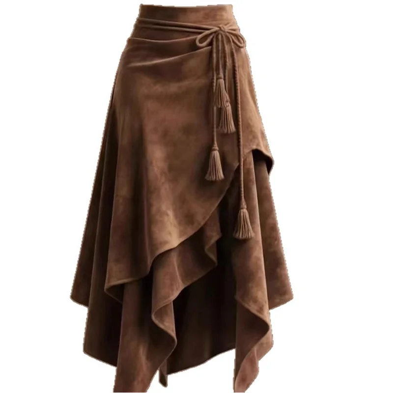 Vintage Irregular Lace Up A Line Skirt Woman Slim Middle Long Skirts Spring Autumn Women Clothes Fashion Streetwear