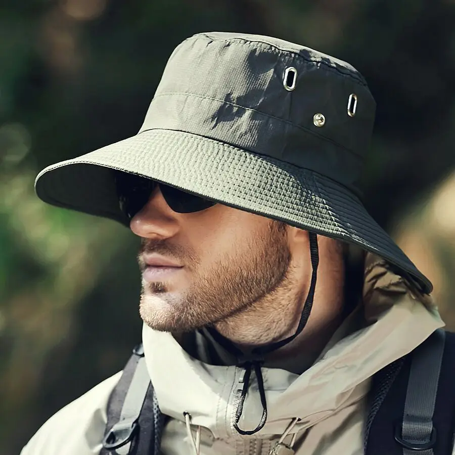 Summer Men Bucket Hat Outdoor UV Protection Wide Brim Hunting Hiking Hat Fisherman Hat Beach Sunscreen Cap Fishing Cycling Caps