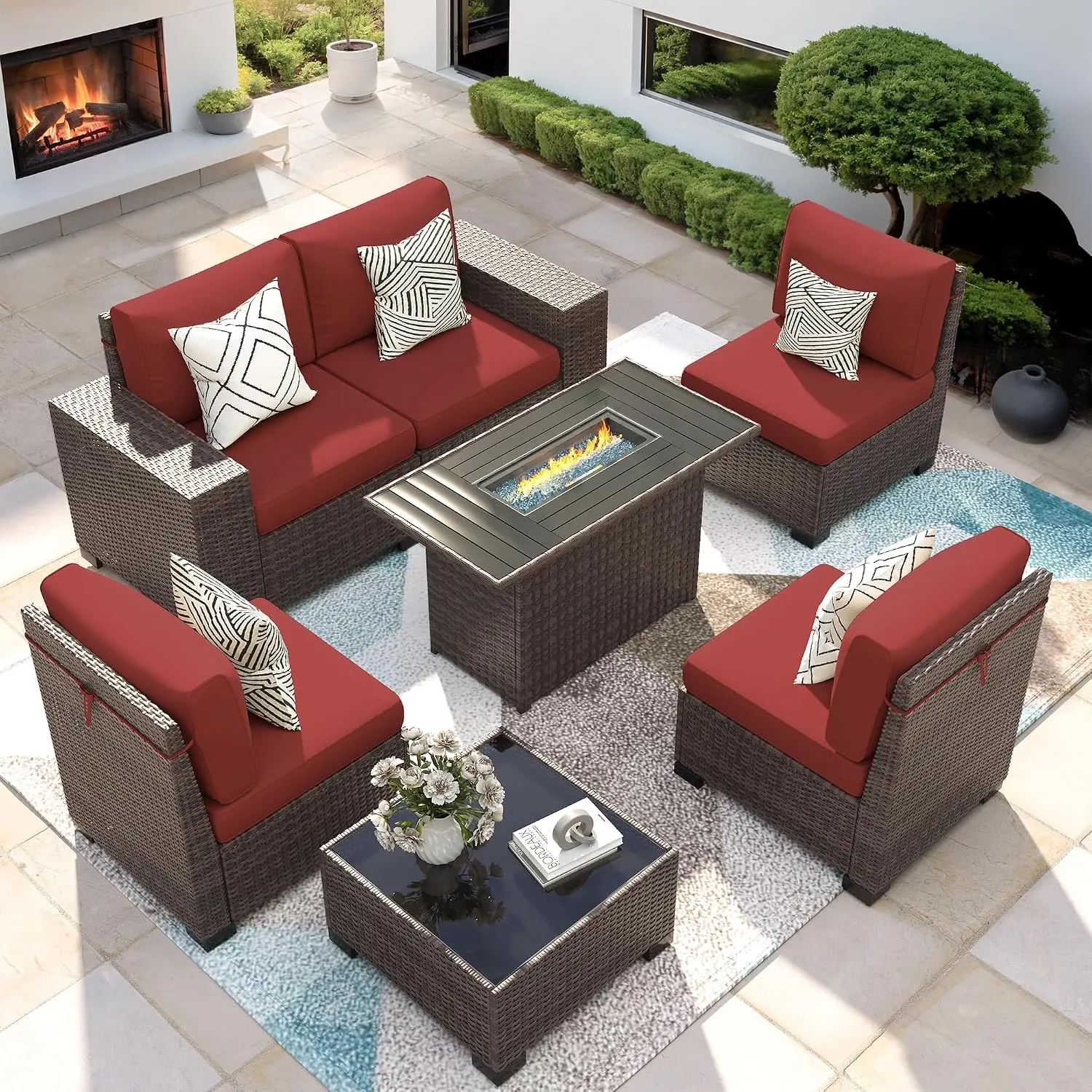 7 Piece Patio Furniture Set Fire Pit Table Outdoor Wicker Rattan Sectional Sofa Coffee Table Patio , Customized
