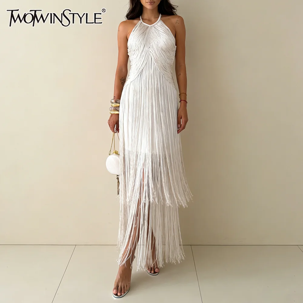 TWOTWINSTYLE Einfarbiges Loses Kleid mit Fransen für Damen, O-Ausschnitt, Ärmellos, Elegantes Temperament-Kleid, Damenmode für den Sommer, Neu