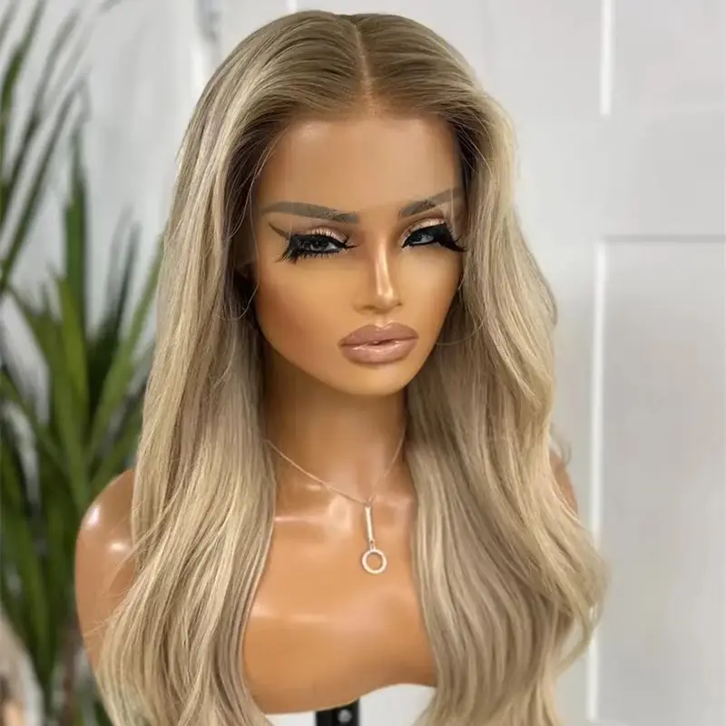 Soft Natural Wave Wig 13x4 Free Part Ombre Ash Blonde Colored Synthetic HD Lace Front Wig Preplucked Hairline with Baby Hair