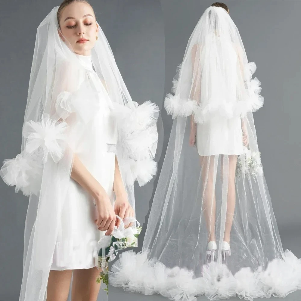 

3D Flowers Wedding Veil With Comb Cover Face Two Layer Long Bridal Veils Customized Bride Accessory