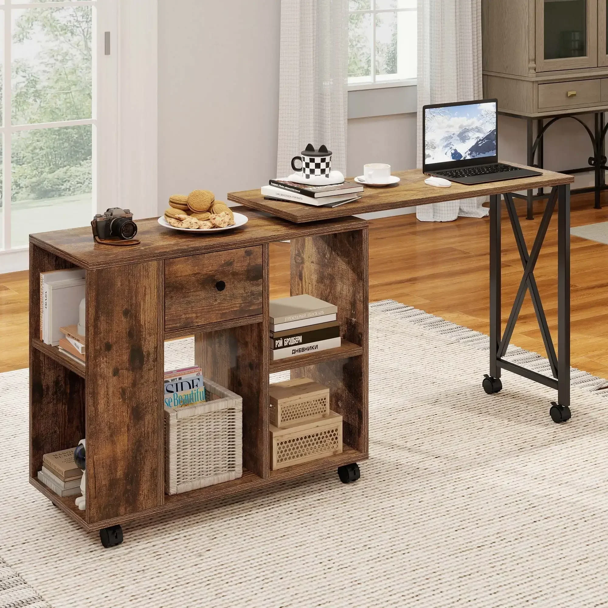 Rotating Writing Office Desk with Storage, Computer Desk with Wheels, Brown