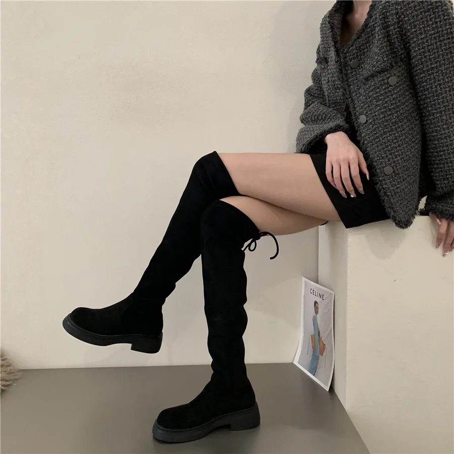 Over The Knee Cowboy Boots Women Design Platform Shoes Fashion Fur Suede Wedges Tnick High Boots Motorcycle Shoes Botas De Mujer