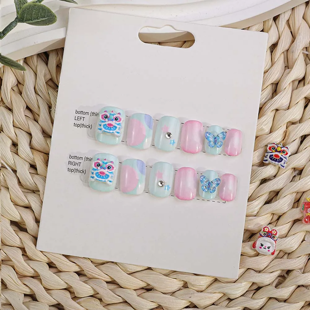 12Pcs/set Lion Dance Children New Year False Nails Full Cover Nail Art Tips Short Square Shaped Kids Cartoon Fake Nails