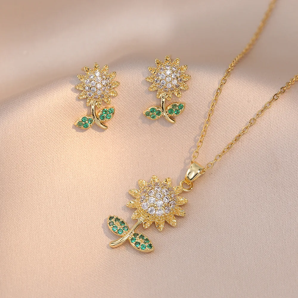 Cute Plant Sunflower Stud Earrings and Pendants Stainless Steel Chains Necklaces For Women White Green Zircon Bride Jewelry Sets