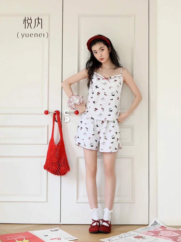 pure-cotton-one-piece-sleepwear-with-chest-pad-women's-summer-home-clothes-set-sweet-and-cute-short-pants-v-neck-soft-and-bre