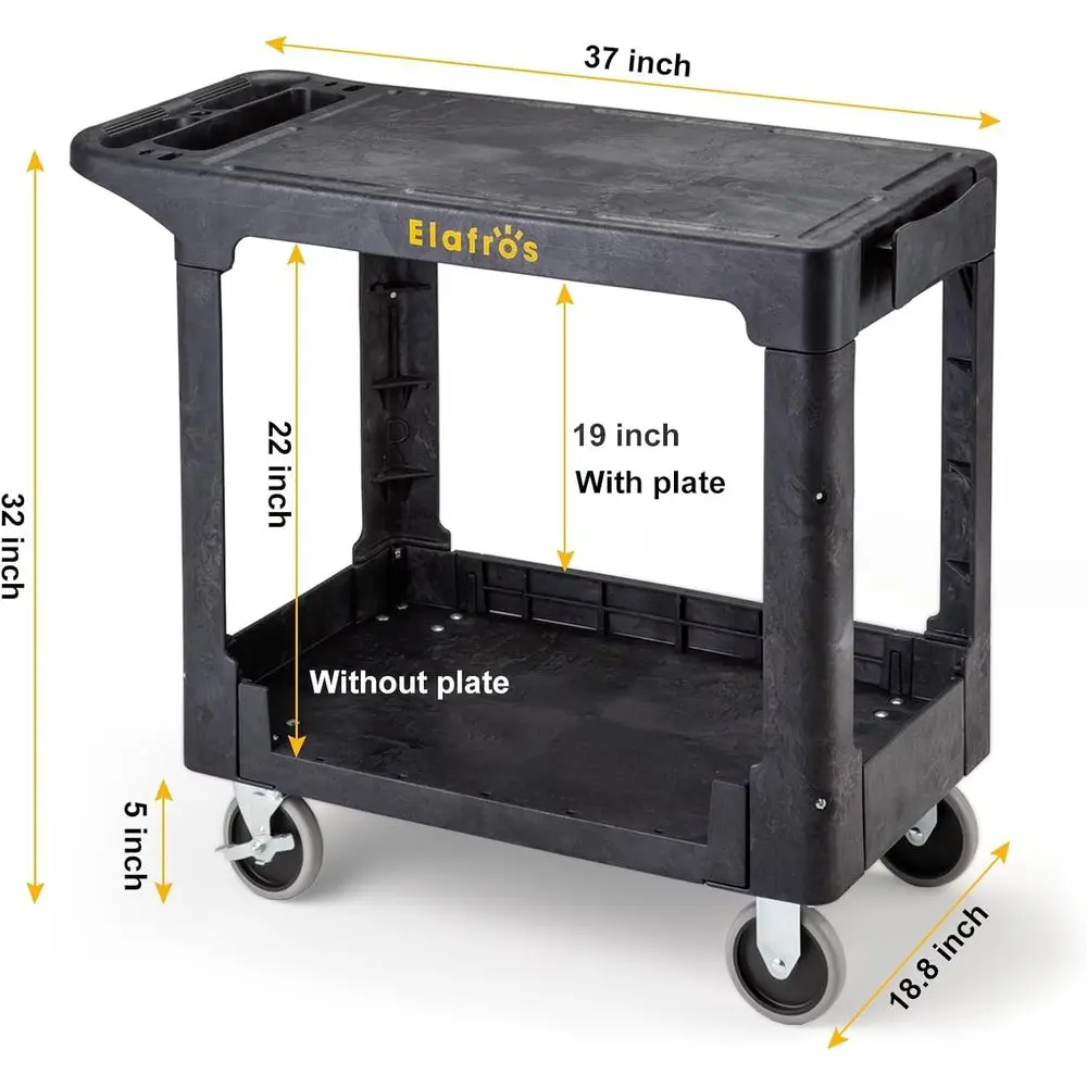 Sturdy 2-Tier Plastic Utility Cart, 37x18.8 Flat Top, 550 lbs Capacity, Swivel Wheels for Warehouse & Garage Use