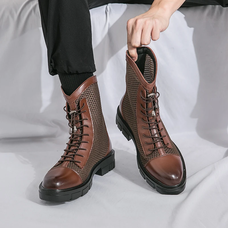 

New Men Classic Chelsea Boots Men Thick Bottom Wear resistant Fashion Mesh Sand Breathable Leather Boots Men Business Ankle Boot