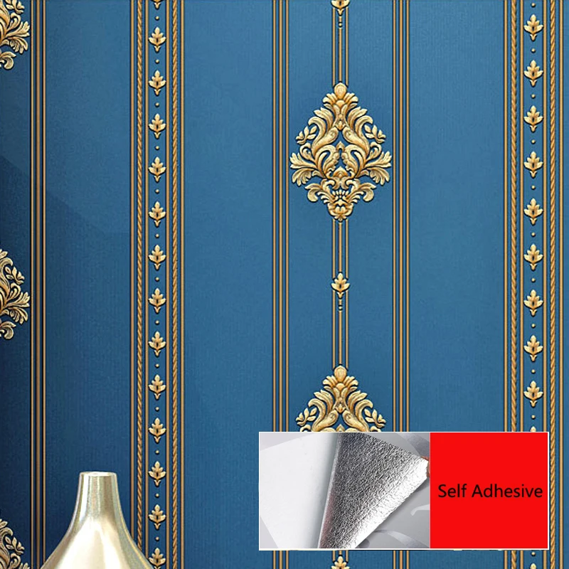 Blue 3D European Damascus Self Adhesive Striped Wallpaper Luxury Living Room Bedroom Home Decoration Wall Stickers