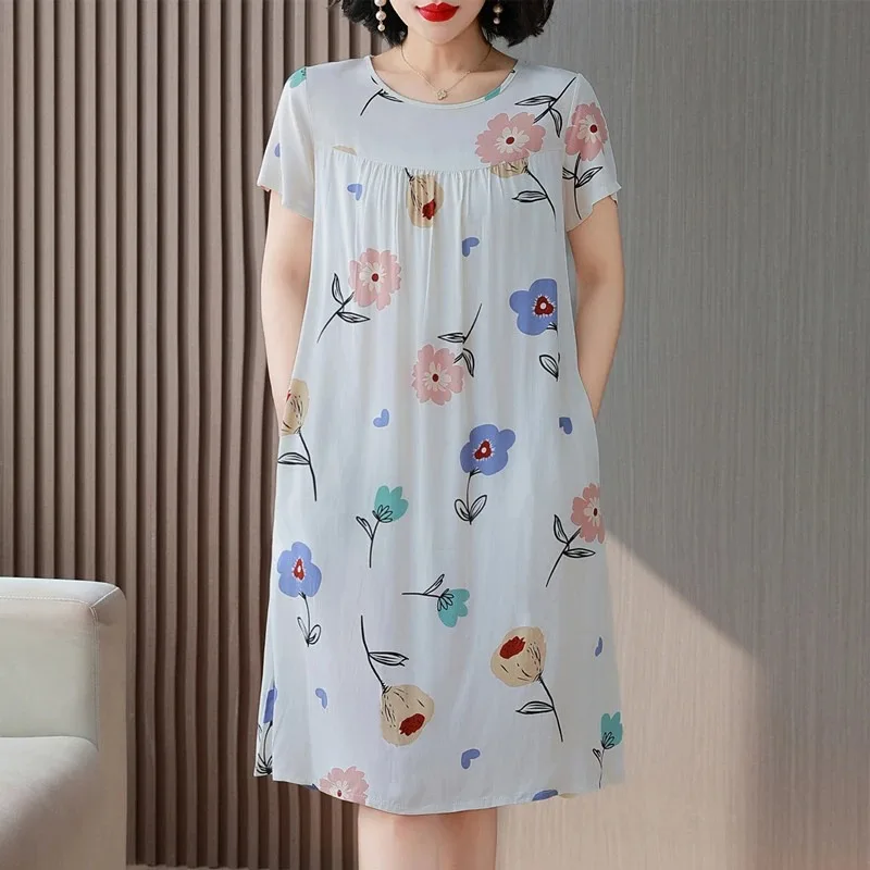 

Женская хлопковая ночная рубашка с цветочным принтом, с коротким рукавом, круглым вырезом, свободного кроя, повседневное домашнее платье