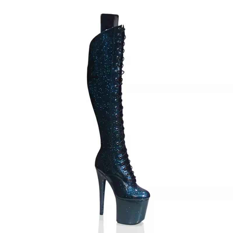 New 20cm runway knee high boots, model nightclub training gold powder shiny patent leather super high heels pole dance boots