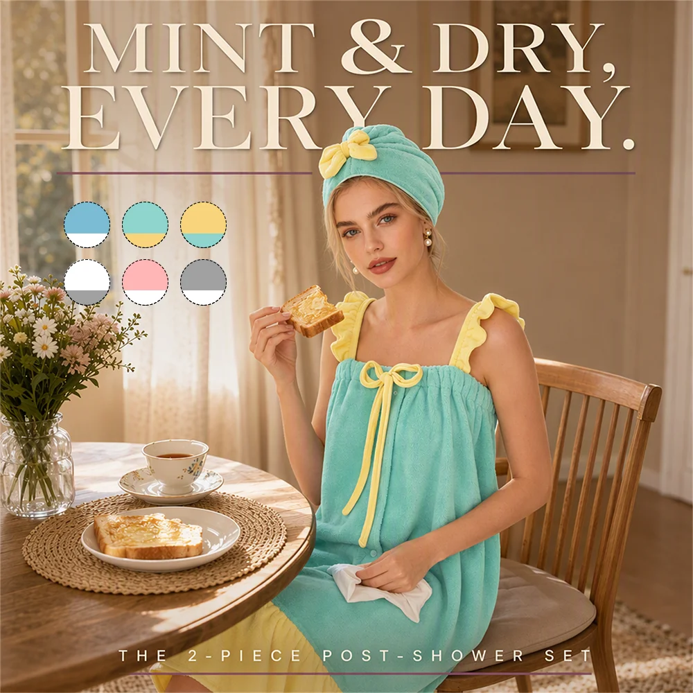 Women's 2 Piece Coral Fleece Bath Towel Dress Set with Hair Drying Cap Strappy Wrap Skirt After Shower Quick Dry Absorbent