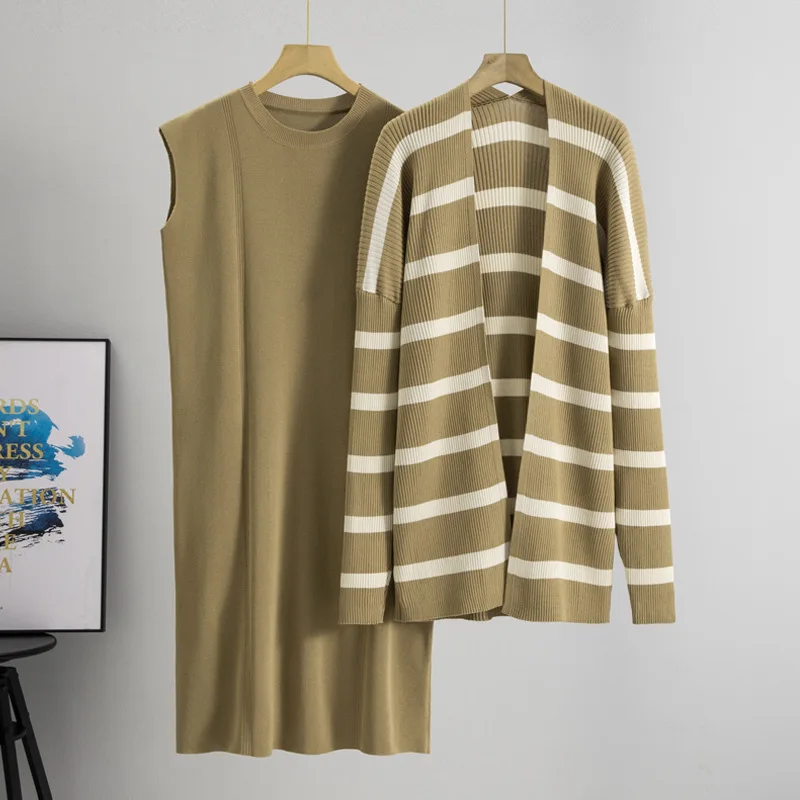 

Fashionable Western-style Striped Long Sleeved Cardigan Jacket Vest Dress Temperament Knitted Two-piece Set for Women