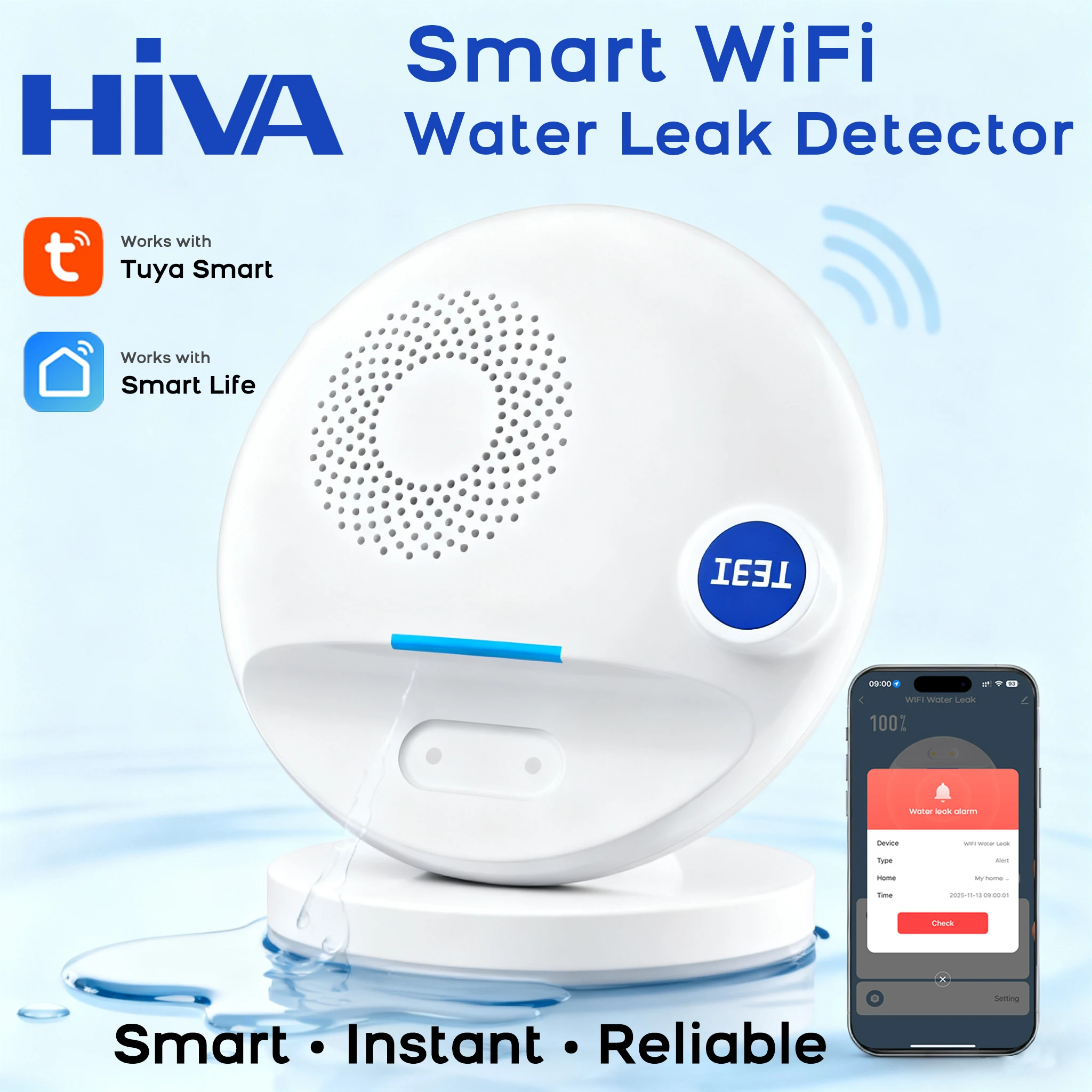 Tuya Smart WiFi Water Leak Sensor Flood Detector Remote APP Alert Alarm System for Home Kitchen Bathroom Basement Security