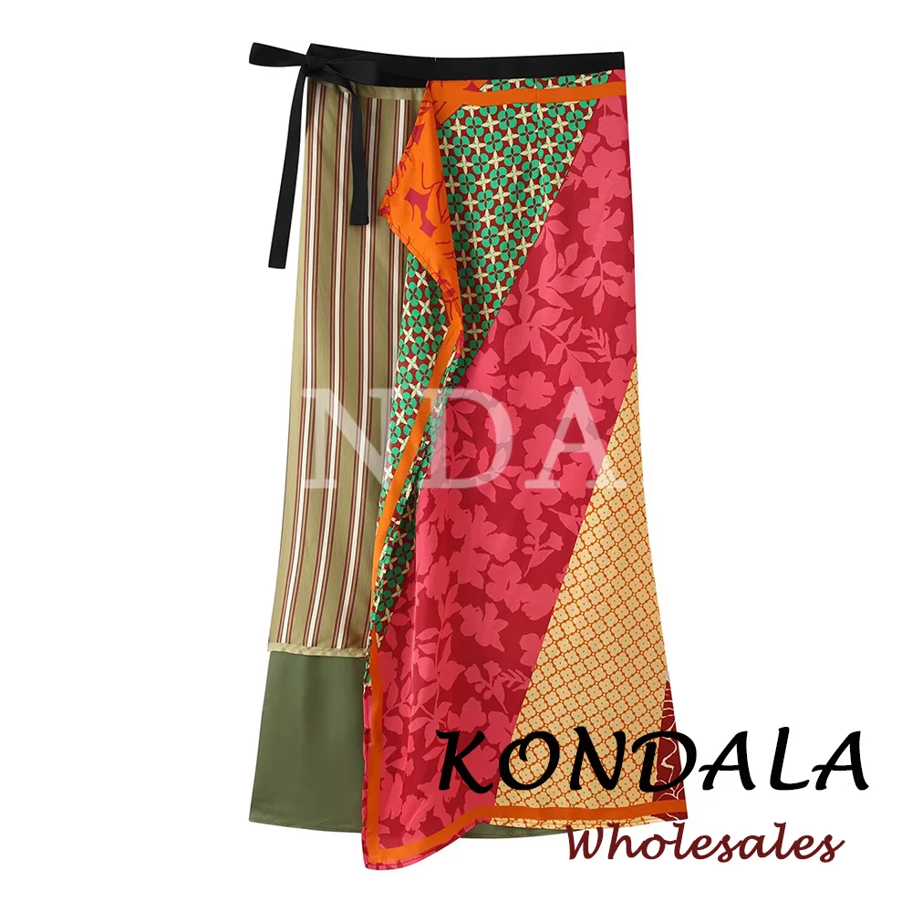 KONDALA Vintage Patchwork Print Bohemian Woman Long Skirt Fashion 2026 Summer Lace-up Striped Holiday Beach Asymmetric Skirts