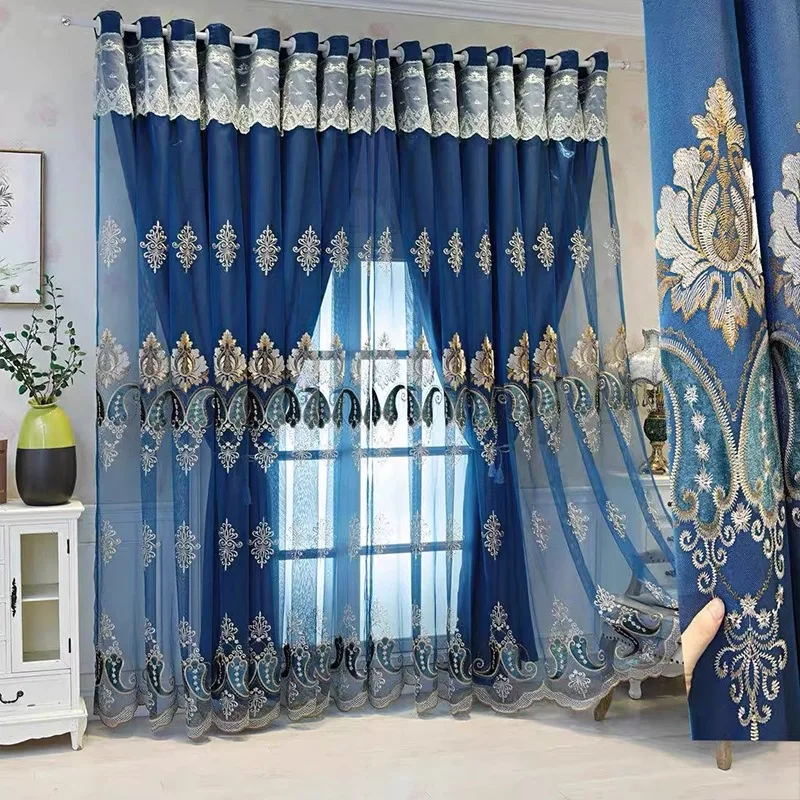 Elegant and classic relief embroidered fabric double layered high blackout curtains,suitable for living room and bedroom windows