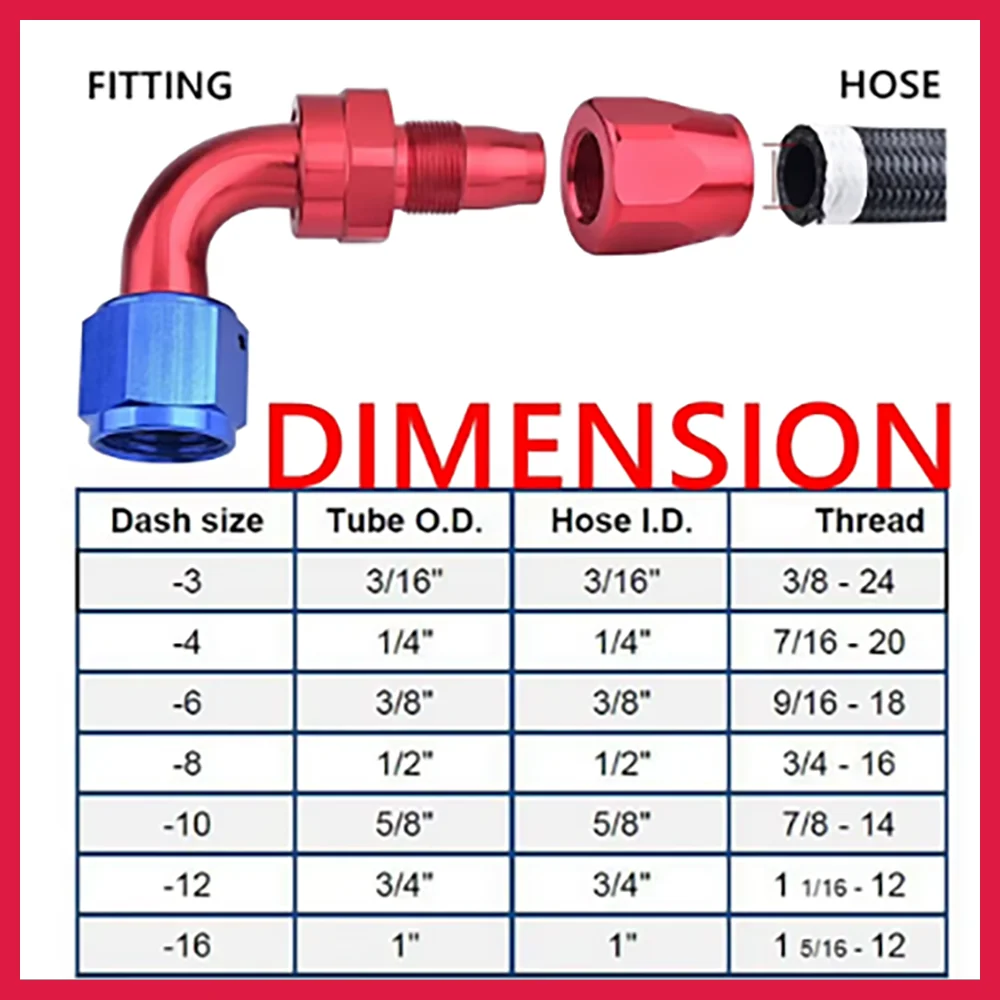 1PCS Universal Oil Fuel Swivel Hose End Fitting Aluminum AN4 AN6 AN8 AN10 AN12 AN16 AN20 90°/180° Degree Oil Fuel Line Red Blue