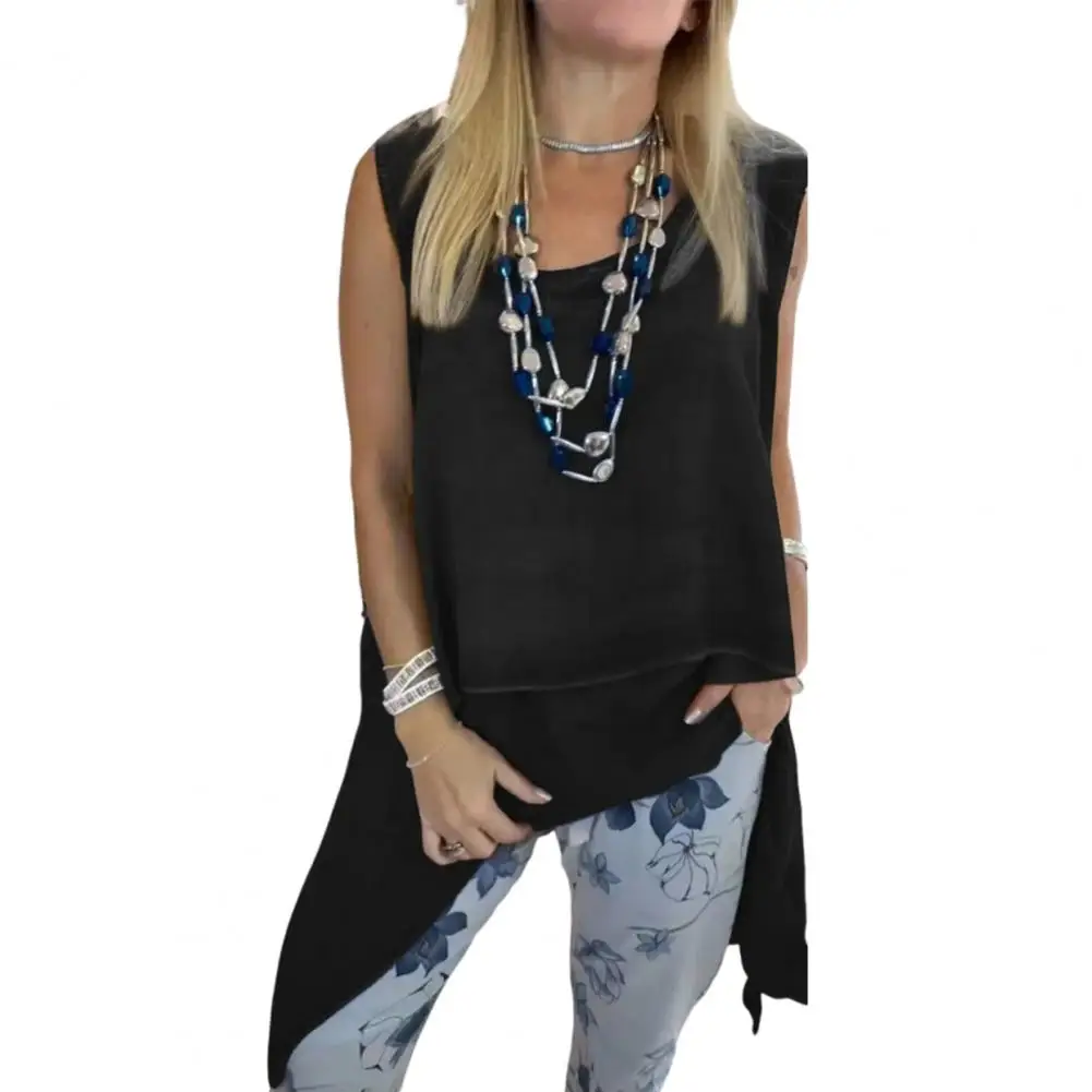 Stilvolles Hemd, fließendes Baumwoll-Leinen-High-Low-Bluse, ärmelloses Sommer-Top, elegante hohle Schalweste für Damen, lässig, locker für hoch