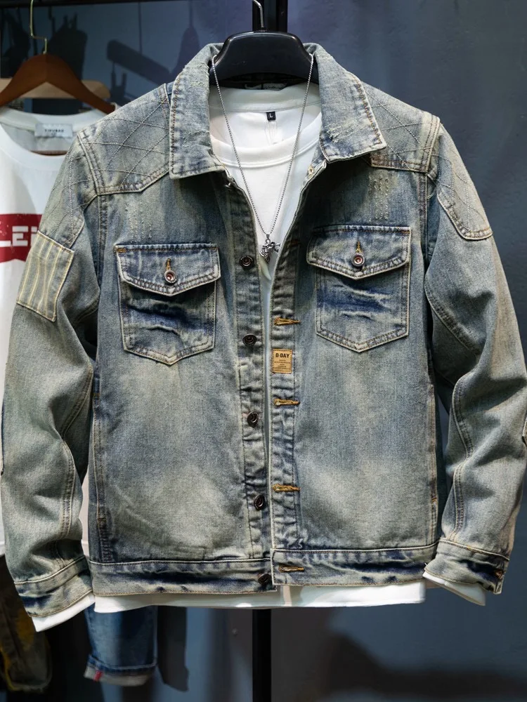 

Retro Sli American Casual Motorcycle Denim Jaet for Men Turn-down Collar Slim Fit Youth Trend Autumn Thin Long Sve