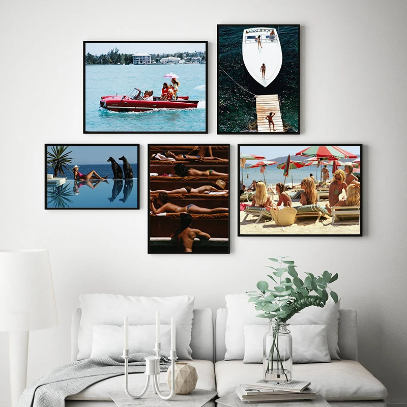 Slim Aarons Speedboat Landing Vintage Fotografie Poster Kunstdruck Retro Wandkunst Leinwand Gemälde Bilder Wohnzimmer Dekoration