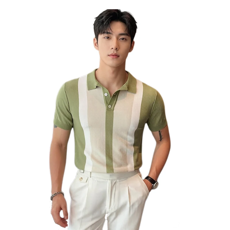 Men's Color Block Polo Shirt, Knit Short Sleeve, Business Casual Top,Two-Tone Knit Short Sleeve