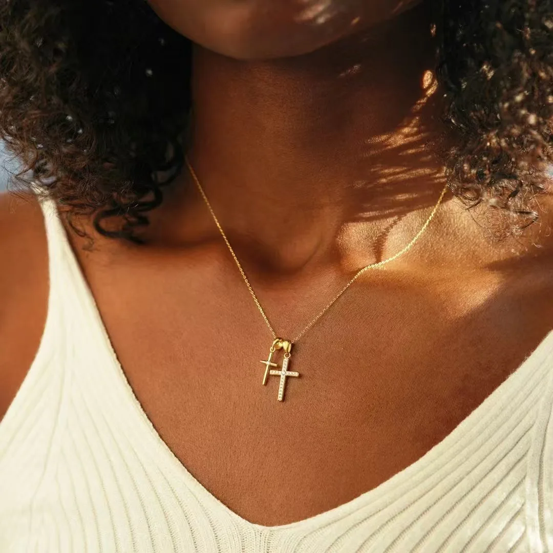 0.6ct D Color Moissanite Double Cross Necklace For Women Anniversary Gift S925 Silver Crucifix Pendant Neck Chain Fine Jewelry
