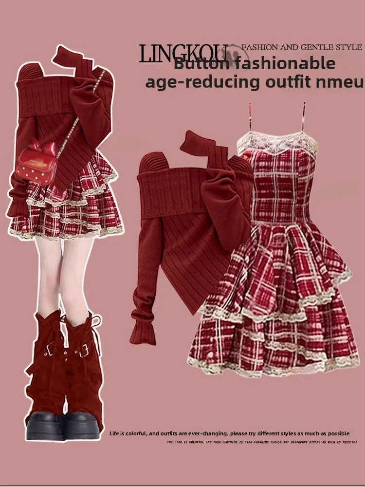 Ele Knitted Set Autumn Winter Women's Plaid Strap Dr Red New Year Two-Piece Suit Princ Sle ort A-Line Skirt