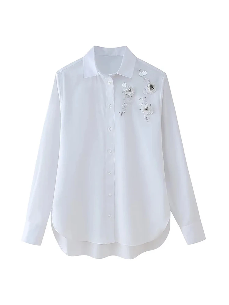 

Elegant Flower Jewelry Decoration Summer Ladies White Loose Shirts Girls Casual Single Breasted Long Sleeve Solid Tops