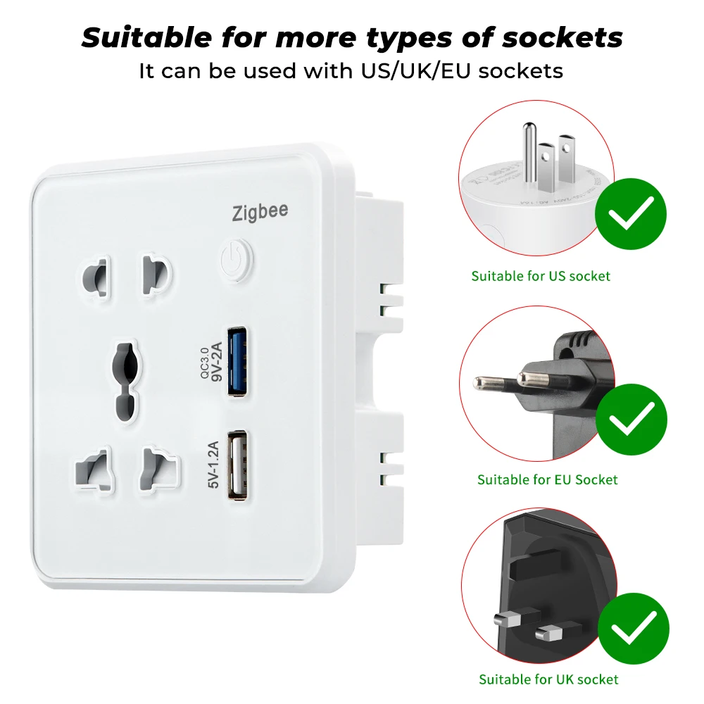 EU UK US Universal Plug Tuya ZigBee Smart Socket Quick Charge 3.0 USB Port Wall Glass Power Outlet Smart Life for Alexa Google