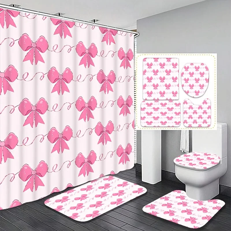

4pc pink bow-patterned bathroom set includes shower curtain U-shaped floor mat, non-slip mat, and toilet seat cover.