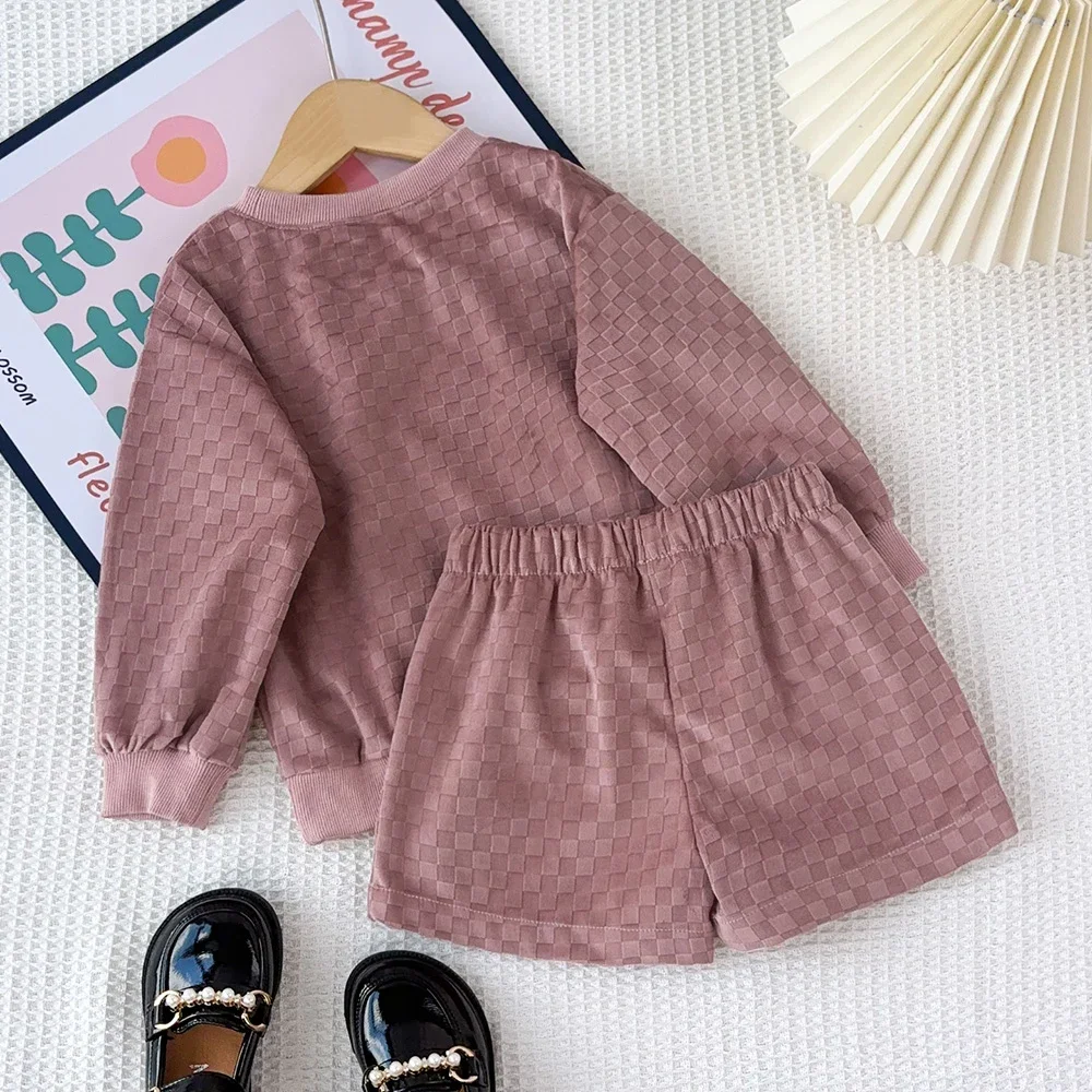 Pink Checkered Casual Sleepwear Set Long Sleeved Top+shorts Two-piece Set for Children 3-7 Autumn Promotion