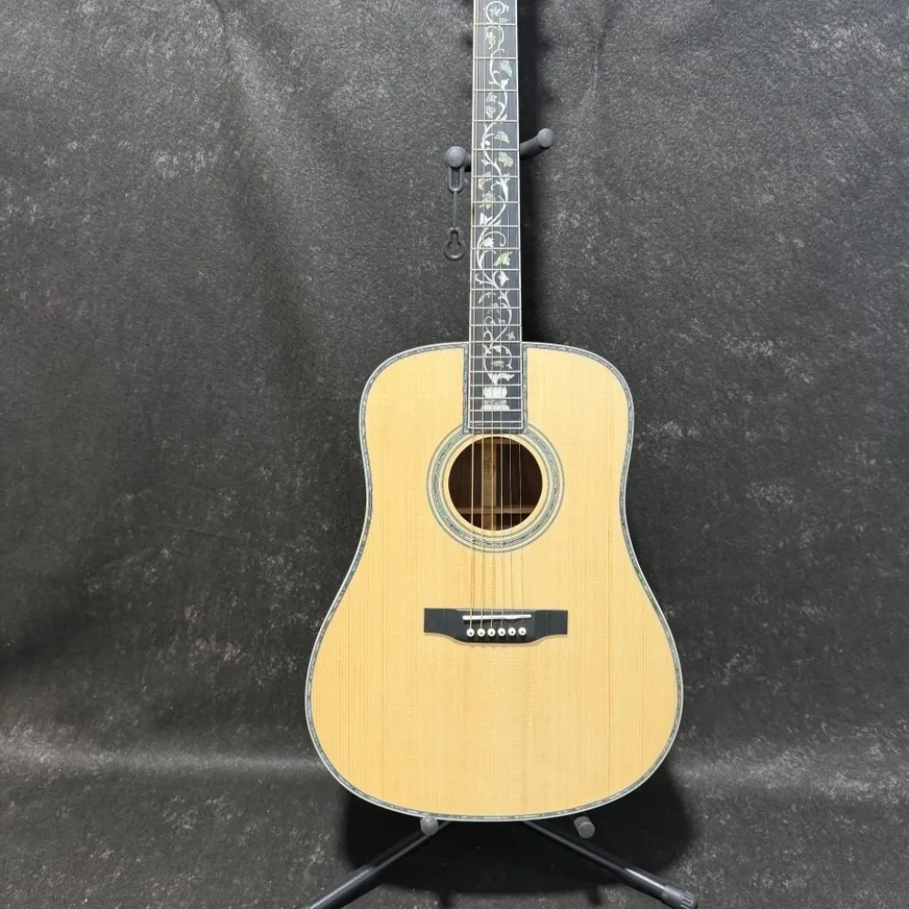 Natural 6 String D45 Acoustic Guitar Solid Spruce Mahogany Body Dreadnought Elegant Floral Fingerboard Inlay Solid Top