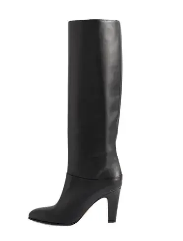 Bottes Hautes en Cuir group pour Femme, Couleur Unie, Vert Armée, Bordeaux, Noir, Rond, à Enfiler, Talons Carrés, Hiver