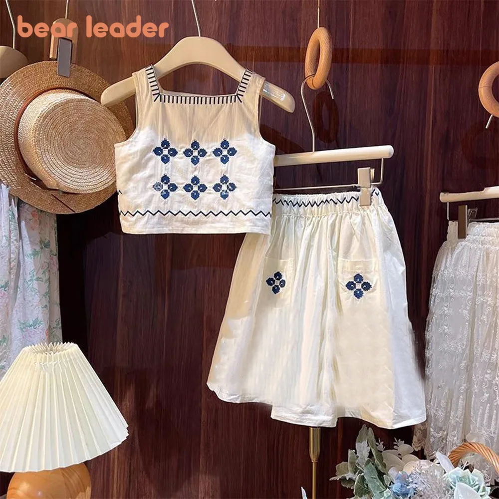 Bear Leader Summer Sleeveless with Pockets Kids Outfits Embroidered Vest Top + Skirt Two-piece Girls Sets 3-7Y