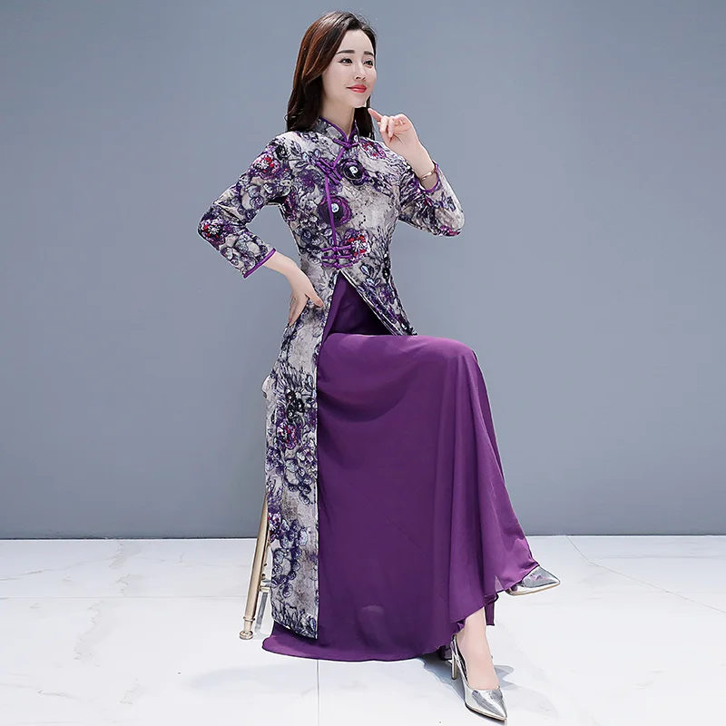 

Purple Chinese Style Dress Cheongsam Women Modern Improve Eleganti Long Qipao Spring Autumn Vintage Female Vietnam Ao Dai Dress