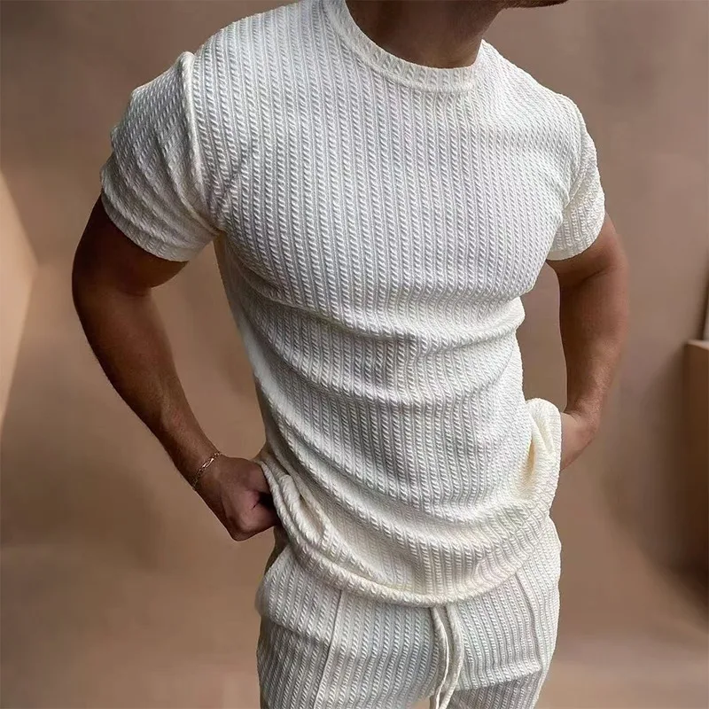 

Men's Waffle Knit Two Piece Set Solid Color Short Sleeve T-shirt & Elastic Waist Shorts Casual Loungewear Tracksuit