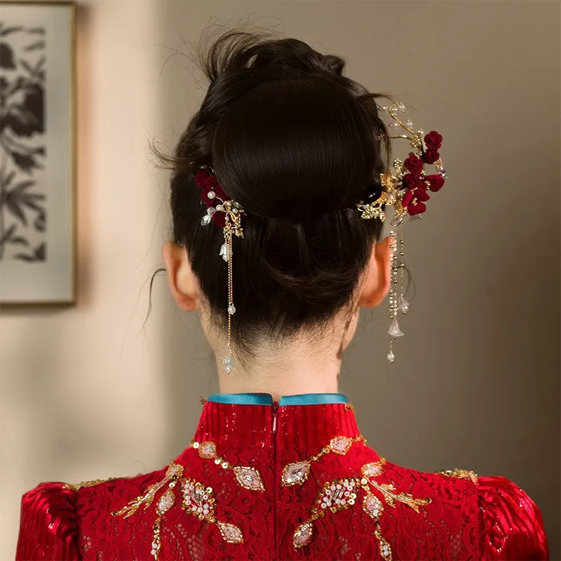 

New Chinese Style Red Retro Flower Hairpins Bridal Styling Hairpins Headwear Antique Hanfu Hairpins,Accessories