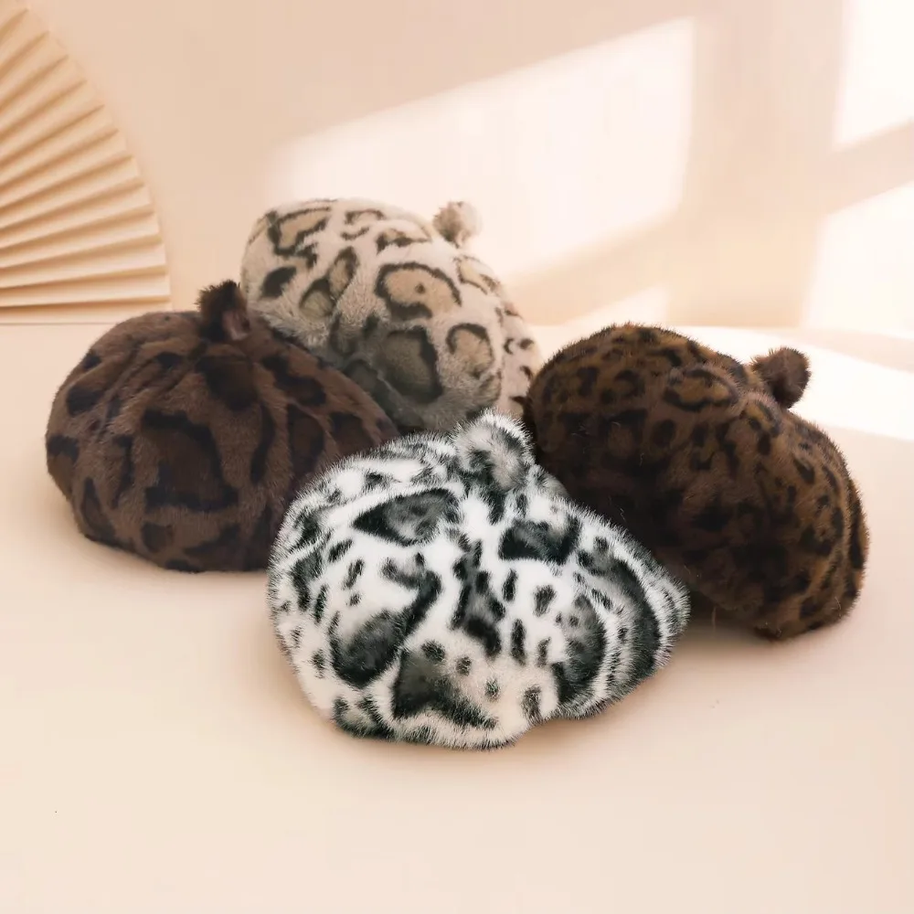 Leopard Print Faux Rabbit Fur Beret Flush Furry Solid Color Painter Beret Hat Thicken Keep Warm Octagonal Beanie Cap Women Girl