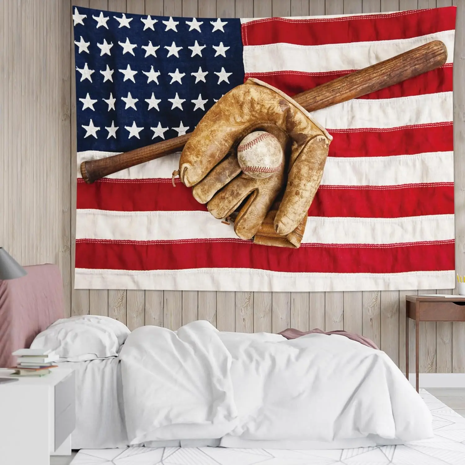 American Flag Baseball Tapestry - Vintage Sports Wall Decor, Patriotic Room Art, Classic Game Theme, Multiple Sizes