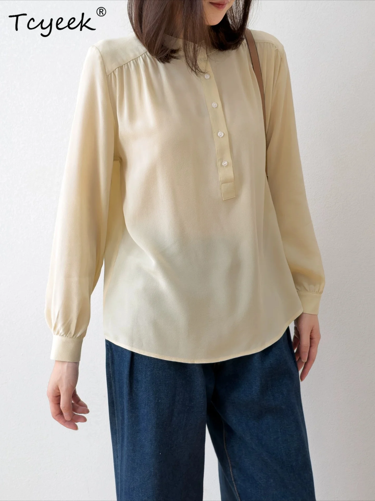 

Tcyeek 100% Real Mulberry Silk Blouses Women 2026 High Quality Spring Summer Shirts Sand Washing Female Clothing Рубашка Женская