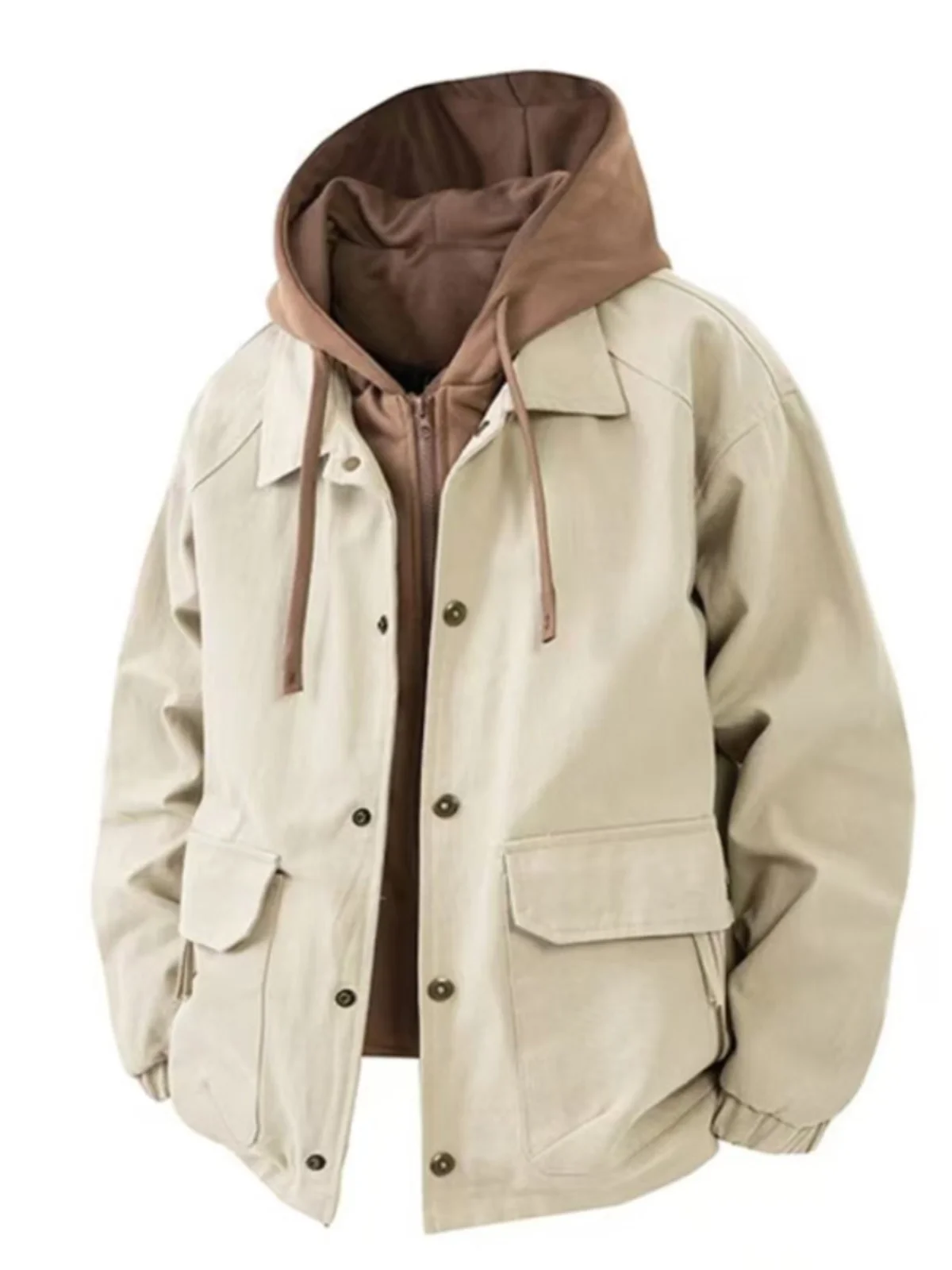 

Men's Hooded Jaet Fake Two-Piece Thiened Autumn Winter Casual Workwear American Loose Youth Sli Parka Coat Zipper Clo...