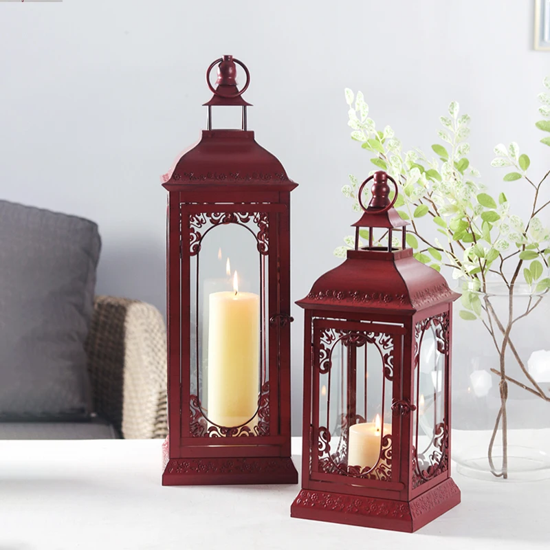 

European Style Vintage Engraving Iron Storm Lantern Craftwork Wedding Candlestick Candle Creative Home Special