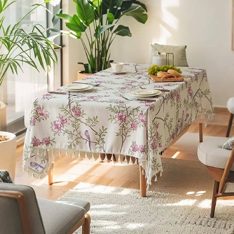 French Flower Bird Printed Tablecloth Rectangular Dining Table Coffee Tables Cloth with Tassels Home Decoration Table Towel