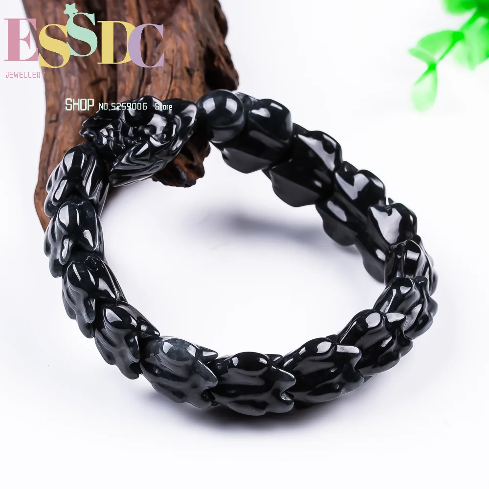 Natural High-end Black Jadeite Exquisitely Carved Dragon Bone Jade Bracelet Fashionable Men and Women Couples Amulet Gift